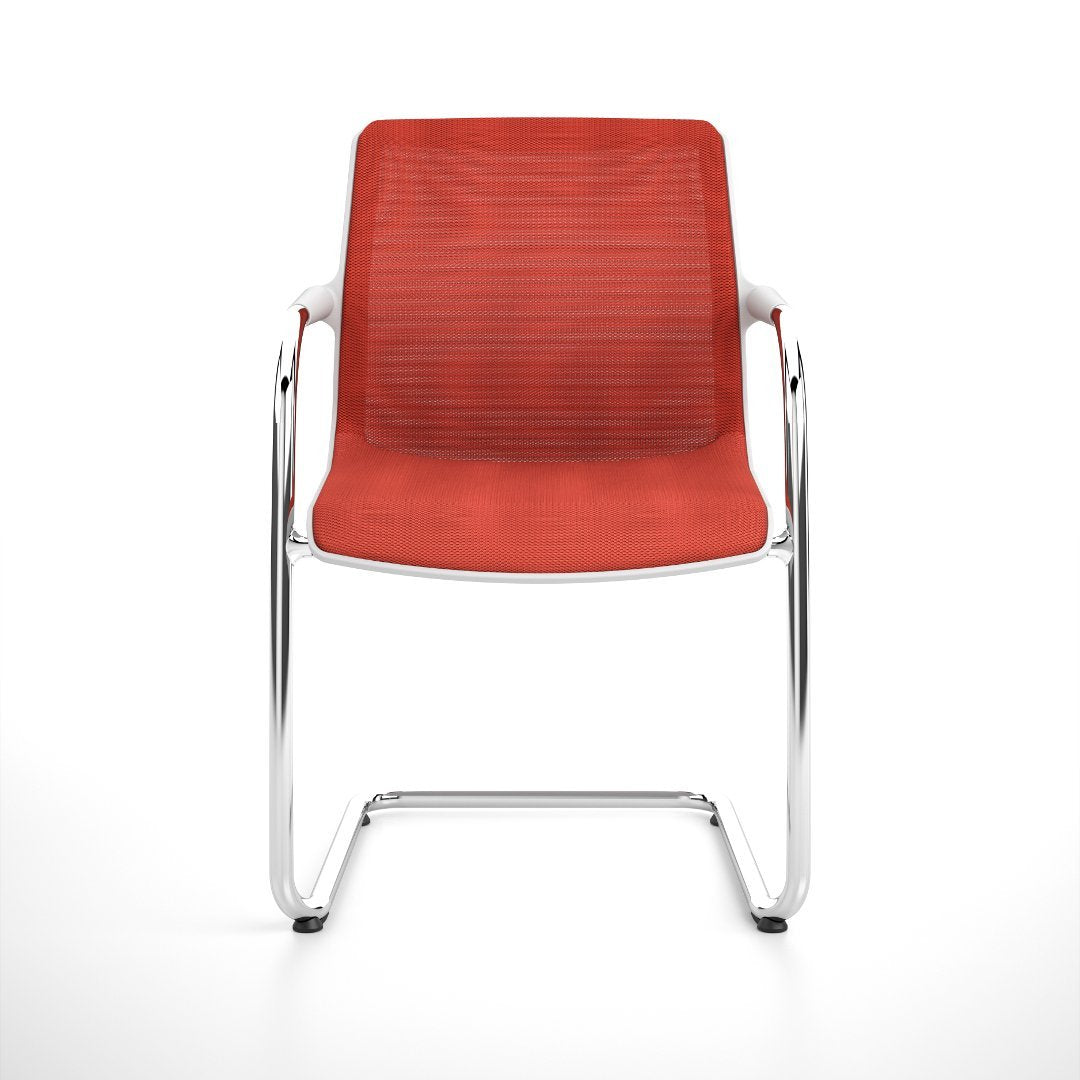 Red striped chair with sleek chrome arms and legs, ideal for a modern workspace or dining area.