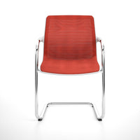 Red striped chair with sleek chrome arms and legs, ideal for a modern workspace or dining area.