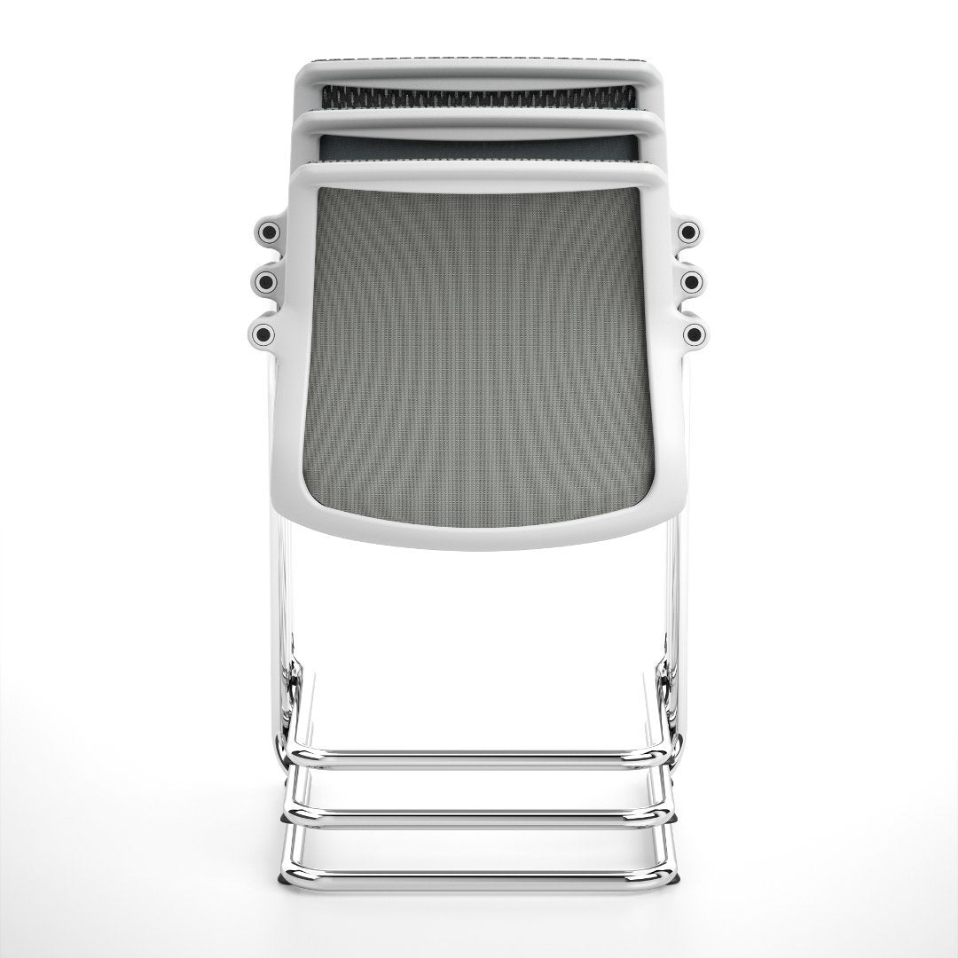 Stacked chairs in sleek white and light gray mesh with a subtle wave pattern. Modern chrome base design.