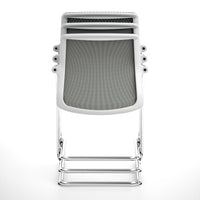 Stacked chairs in sleek white and light gray mesh with a subtle wave pattern. Modern chrome base design.