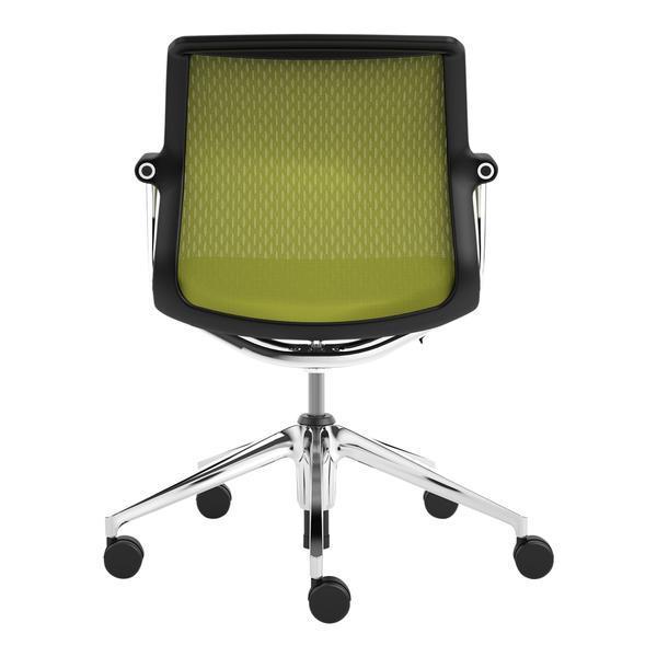 Green mesh ergonomic chair with a black frame and chrome 5-star base, featuring a modern, minimalist design.