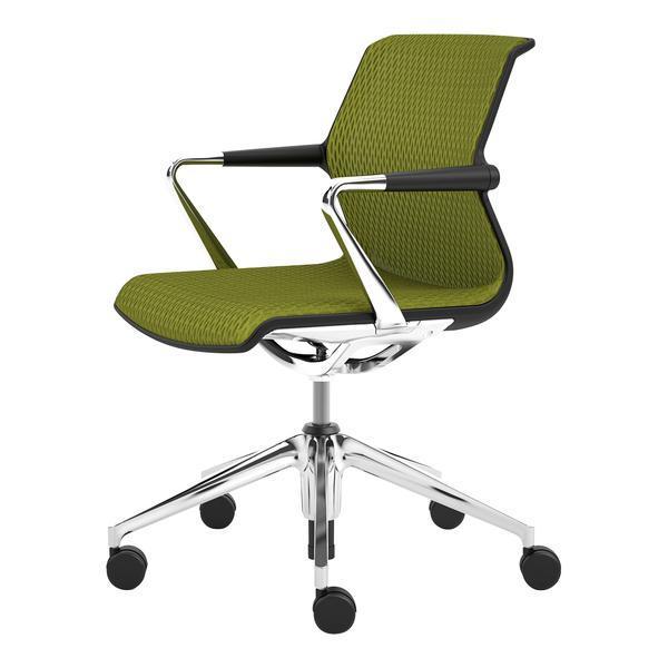 Green patterned office chair with a chrome base and black accents, featuring a contemporary design.