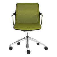 Green patterned office chair with a stylish chrome base and rolling casters. Perfect for modern workspaces.