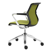Modern ergonomic office chair in vibrant green with sleek black accents and a clean chrome base.