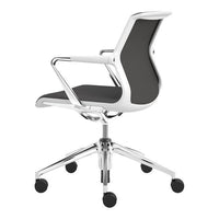 Sleek black mesh seat with white frame and chrome base, featuring a modern ergonomic design and smooth rolling wheels.