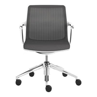 Gray ribbed mesh office chair with chrome base and five wheels, offering a modern and sleek design.