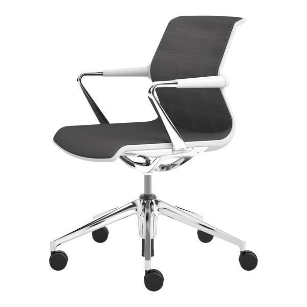 Sleek black office chair with modern mesh design and chrome accents, featuring a minimalist aesthetic on rolling wheels.