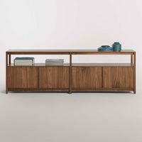 Wooden sideboard in rich brown tones, featuring smooth surfaces and sleek lines with a minimalist design.