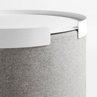 Gray felt storage container with a sleek white lid, featuring a modern, minimalist design.