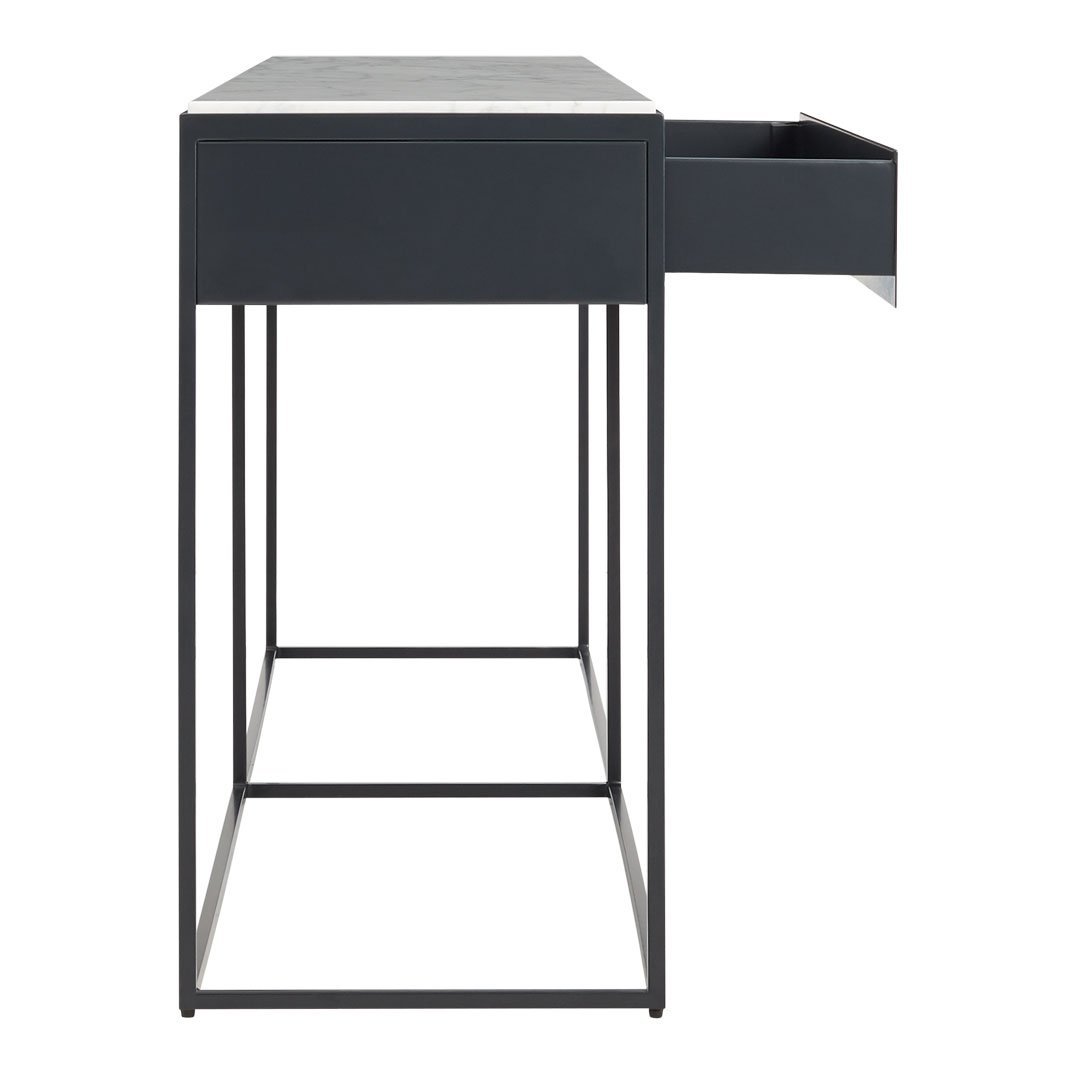 Modern black desk with a sleek marble-patterned top and minimalist open-frame design, ideal for contemporary spaces.