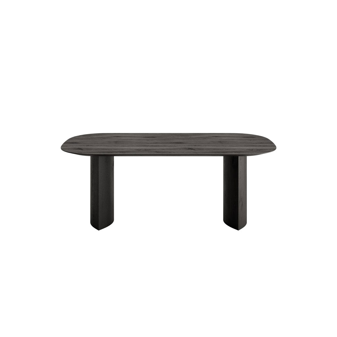 Sleek oval dining table in dark wood finish with a smooth, minimalist design and sturdy, block-style legs.