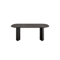 Sleek oval dining table in dark wood finish with a smooth, minimalist design and sturdy, block-style legs.