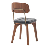 "Warm wood finish with a sleek gray padded seat and backrest, featuring a minimalist design and retro-style legs."