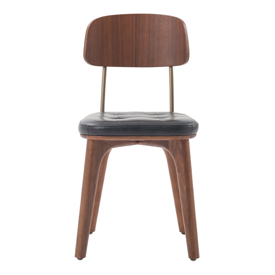 Mid-century modern chair with a walnut wood finish and black leather cushion, featuring sleek lines and minimalist design.