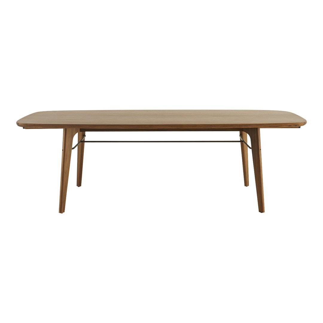 Rectangular wooden coffee table with a smooth natural oak finish and black metal support. Elegant and minimalist design.