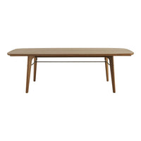 Rectangular wooden coffee table with a smooth natural oak finish and black metal support. Elegant and minimalist design.