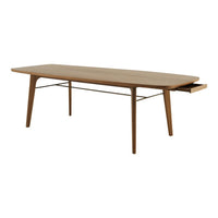 Mid-century modern coffee table in warm brown with smooth, simple lines and natural wood grain pattern.