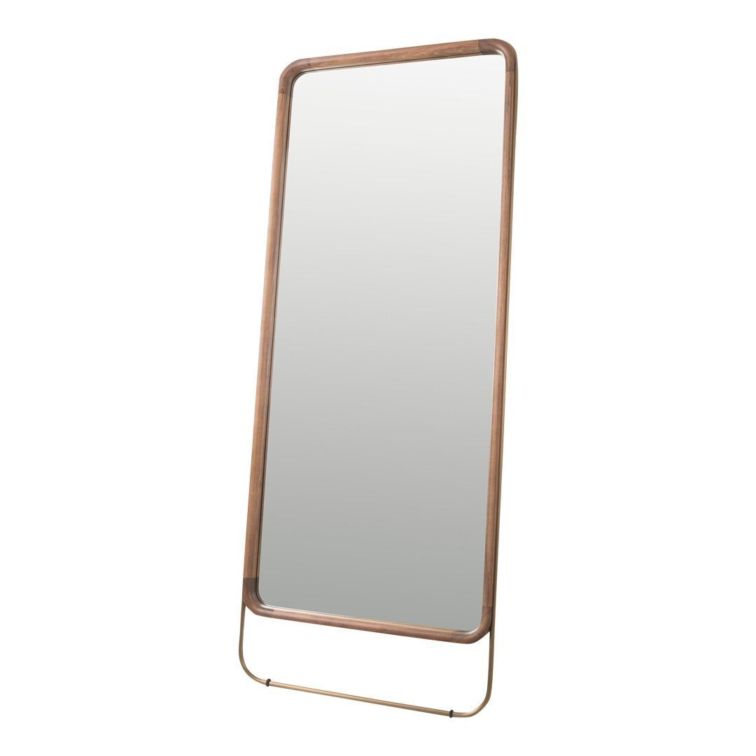 "Elegant full-length mirror with a sleek wood frame and minimalistic design, featuring a clear reflective surface."