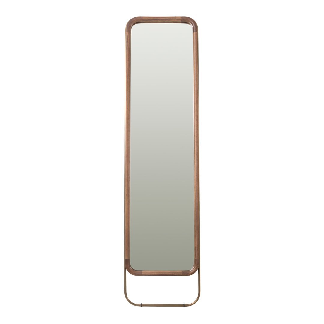 Full-length mirror with a sleek, minimalist wooden frame in natural tones, featuring a smooth, reflective surface.