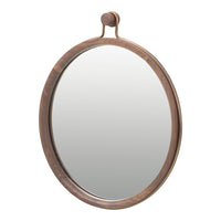 Oval wall mirror with a rustic brown frame, featuring a smooth, reflective surface. Simple and elegant design.