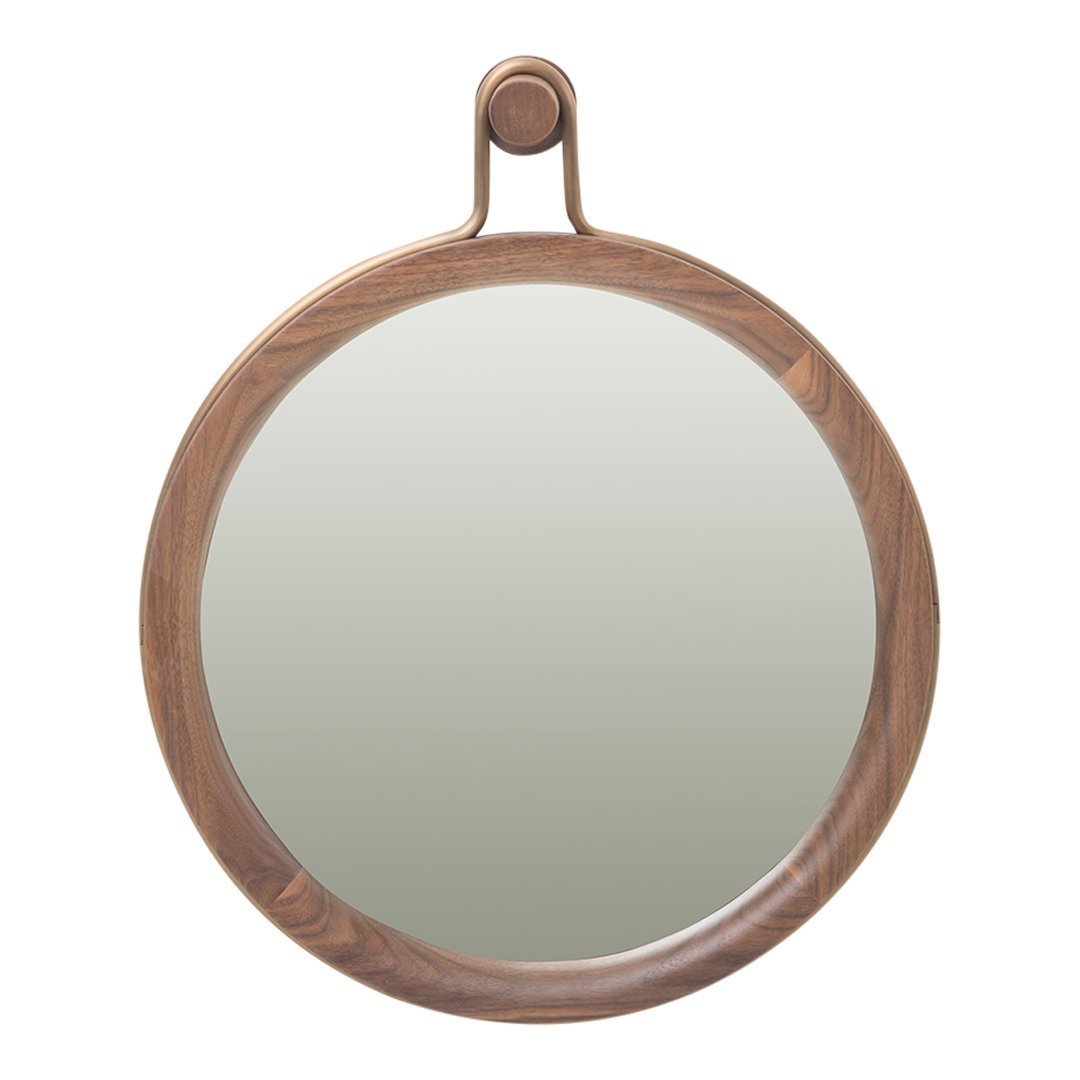Round wooden mirror with a smooth, natural walnut finish and subtle grain patterns. Perfect for modern decor.