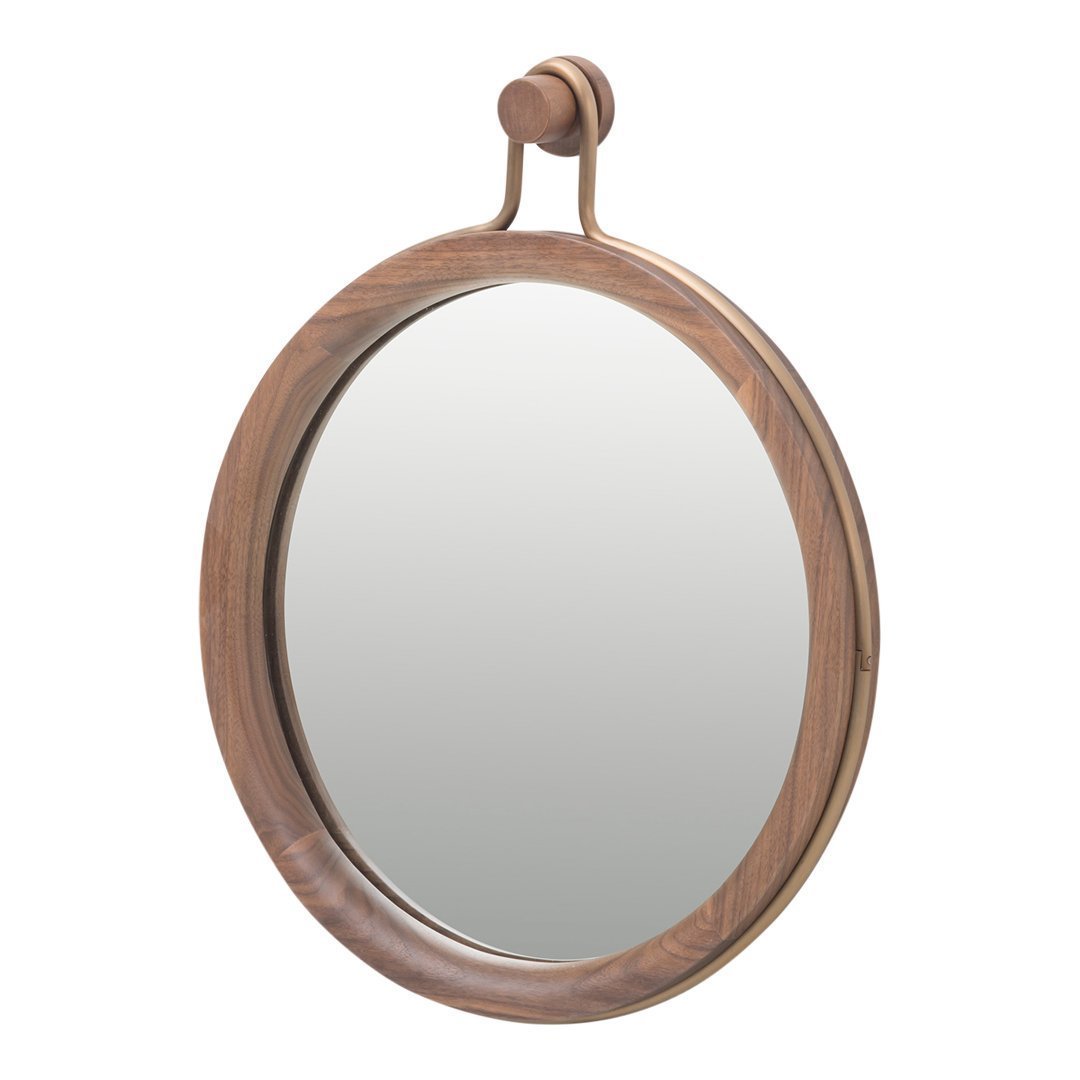 Round wooden mirror with a natural finish and a smooth, classic design. Perfect for modern or rustic decor.