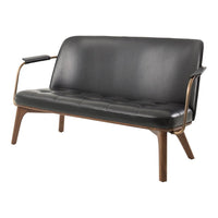 Black leather two-seat sofa with tufted design and wooden armrests, featuring a sleek mid-century modern style.