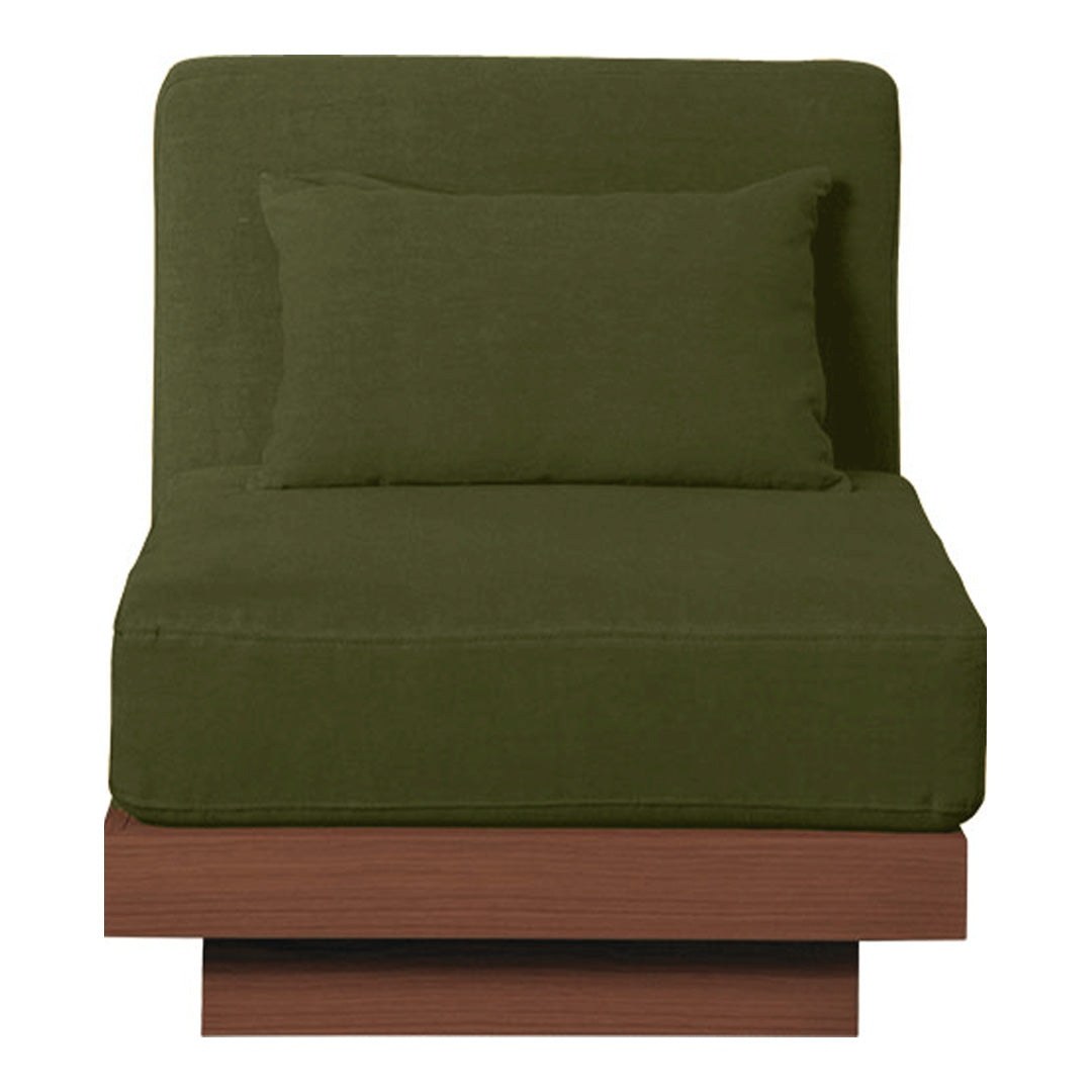 Olive green fabric chair with a matching back cushion and a modern wooden base. Simple and stylish design.