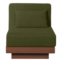 Olive green fabric chair with a matching back cushion and a modern wooden base. Simple and stylish design.