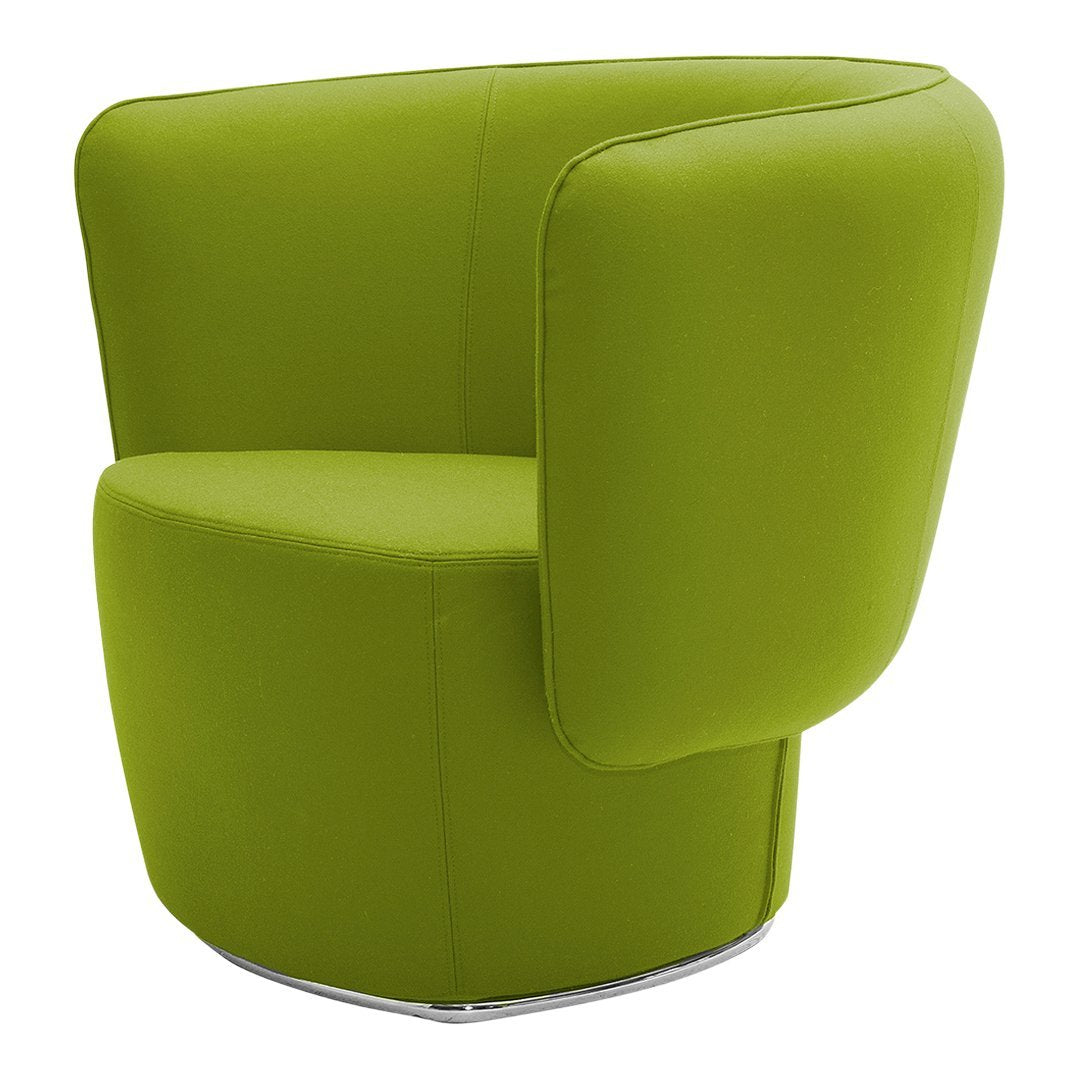 Bright green upholstered accent chair with a smooth, modern design and rounded shape, perfect for any contemporary space.