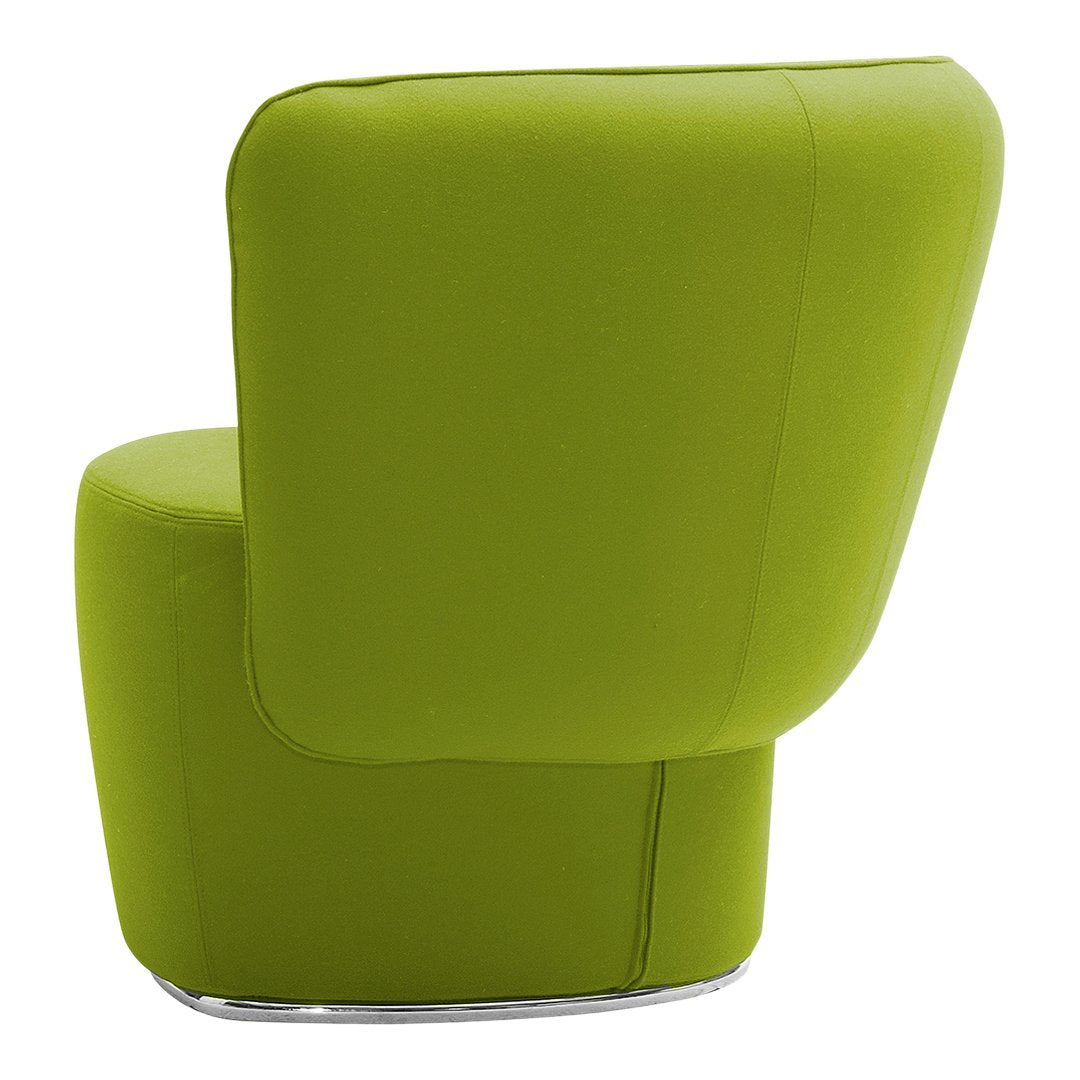 Lime green modern chair with smooth, curved edges and a sleek chrome base, perfect for contemporary decor.