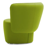 Lime green modern chair with smooth, curved edges and a sleek chrome base, perfect for contemporary decor.
