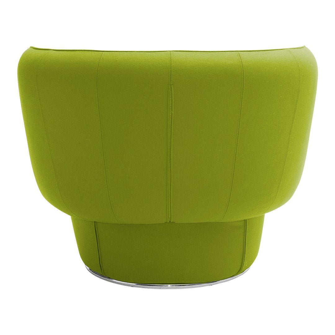 Bright green upholstered chair with a smooth, curved design and subtle vertical stitching.