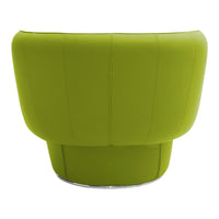 Bright green upholstered chair with a smooth, curved design and subtle vertical stitching.