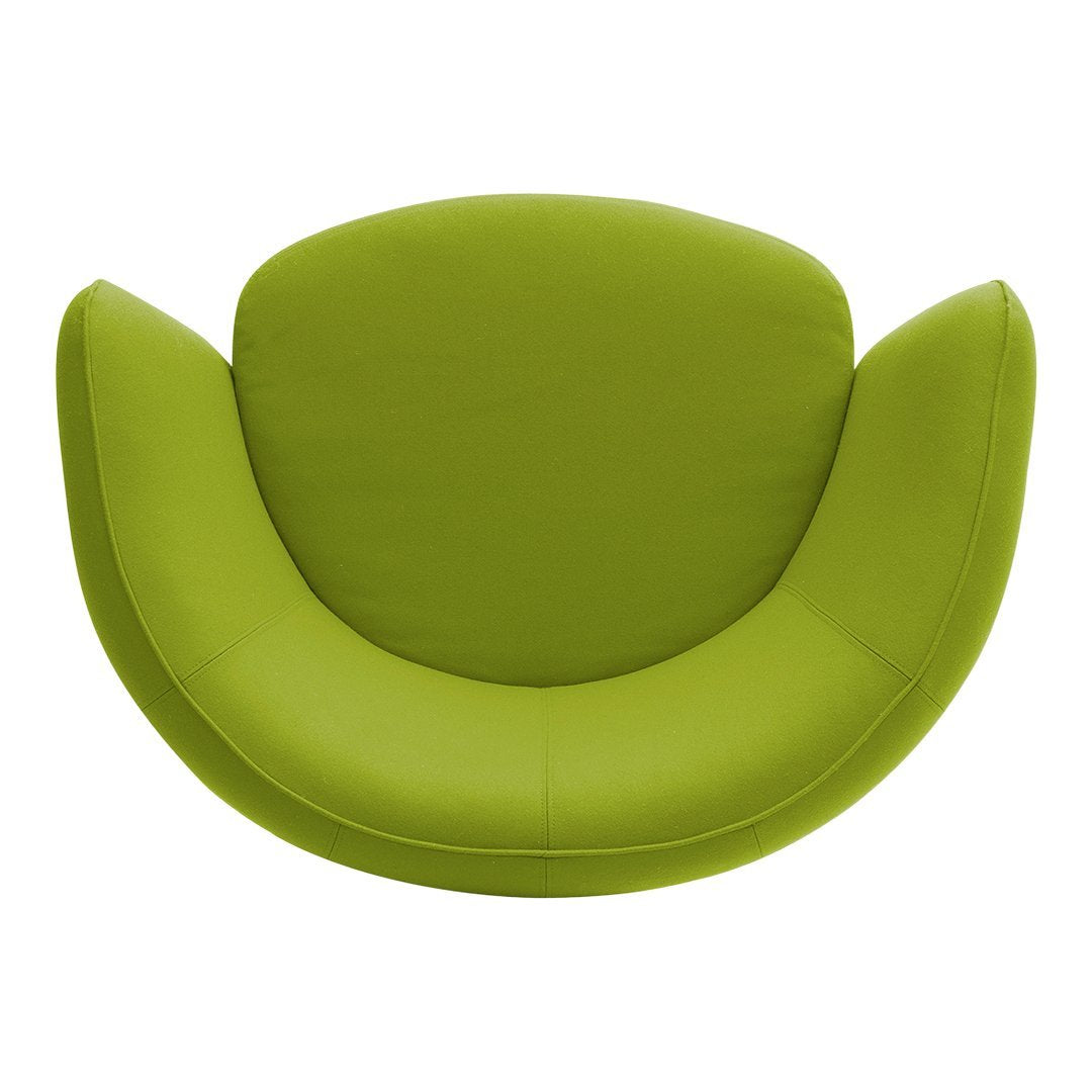 Vibrant lime green upholstered chair with smooth, organic curves and a contemporary design. Perfect for modern spaces.