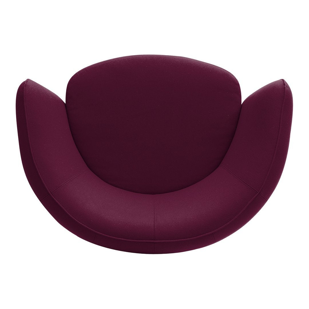 Burgundy upholstered chair with a smooth, modern design and rounded, petal-like shape. Perfect for stylish seating.