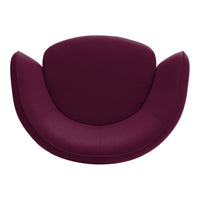 Burgundy upholstered chair with a smooth, modern design and rounded, petal-like shape. Perfect for stylish seating.