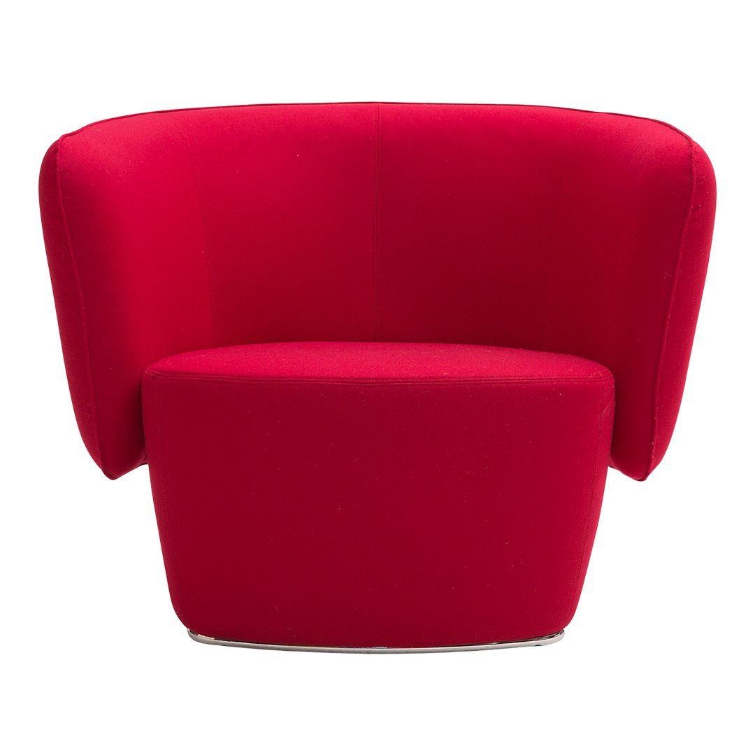 Red fabric accent chair with a modern, curved design and smooth surfaces, perfect for adding a pop of color.