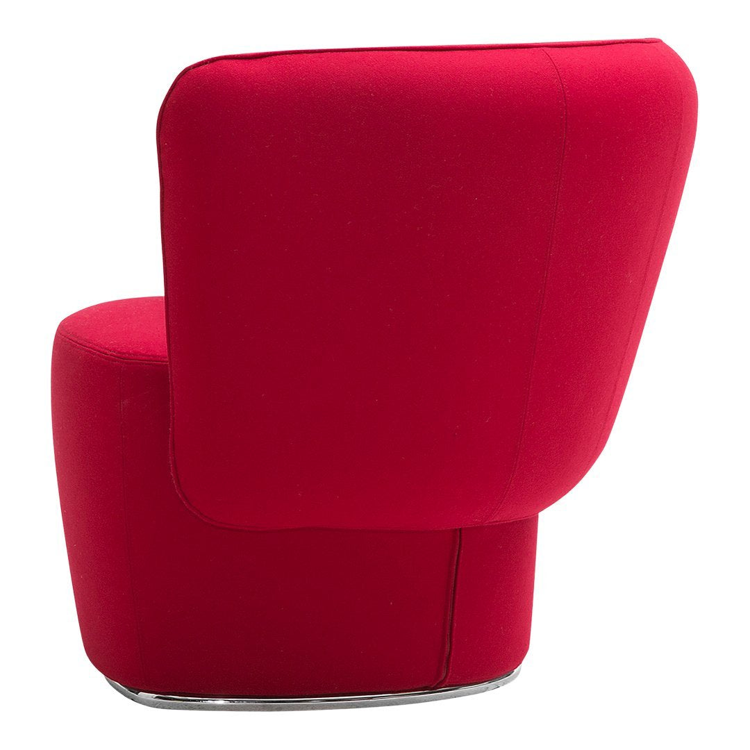 Red upholstered accent chair with a smooth, rounded design and sleek chrome base. Perfect for modern decor.