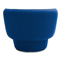 Modern blue upholstered lounge chair with curved design and sleek silver base, perfect for contemporary interiors.
