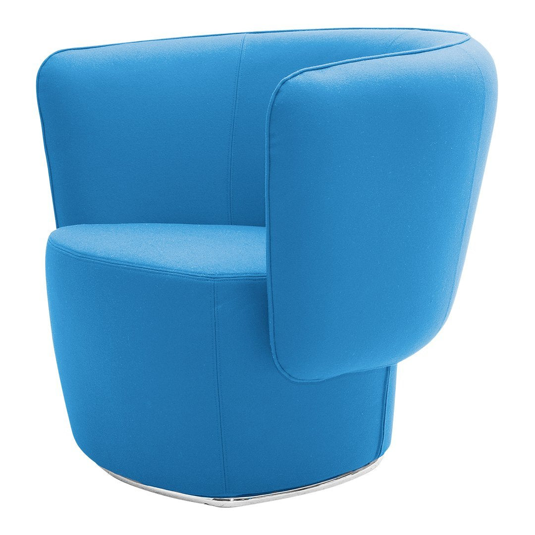 Vibrant blue upholstered chair with a modern, rounded design and smooth, seamless fabric. Ideal for contemporary spaces.