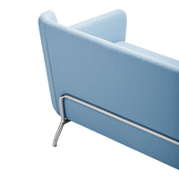 Light blue fabric sofa back with sleek chrome legs, featuring a smooth, simple design. Ideal for modern decor.