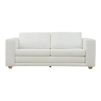 White minimalist sofa with soft fabric and two plush cushions, featuring natural wood legs and clean lines.