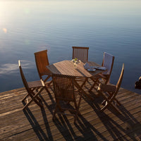 "Wooden patio dining set with natural finish, featuring a sleek slatted design and warm brown tones."