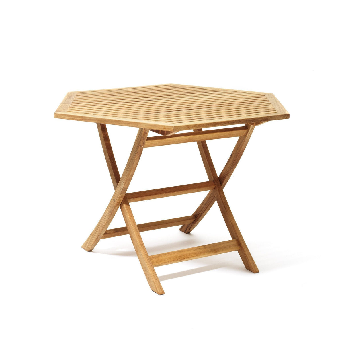 Light brown wooden hexagonal folding table with a slatted top design. Perfect for outdoor or indoor use.