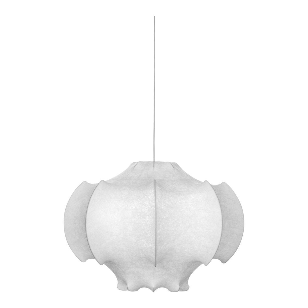 White scalloped pendant lamp featuring a smooth, minimalist design and soft, diffused light. Perfect for modern decor.