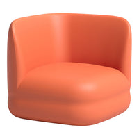 Orange minimalist armchair with a smooth, rounded design and glossy finish. Perfect for modern decor.