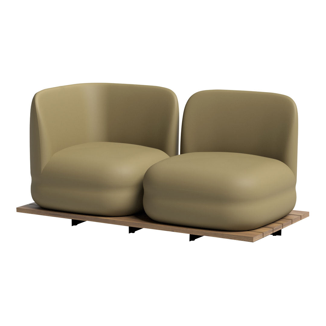 Olive green, modern two-seat sofa with smooth curves and a wooden base, ideal for contemporary interiors.