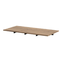 Natural wood grain shelf with horizontal stripes and sleek black brackets. Neutral tones for versatile decorating.
