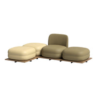 Modern sectional sofa with soft beige and earthy olive green cushions on a sleek wooden base.